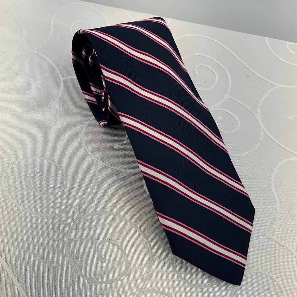 Tom James Men's Long Navy, Pink, White & Red Striped Silk Tie